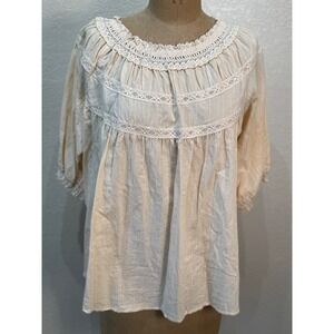 Gigio Ivory Small Lace Trim Peasant Flowy Blouse Bohemia Cottagecore‎ NWT